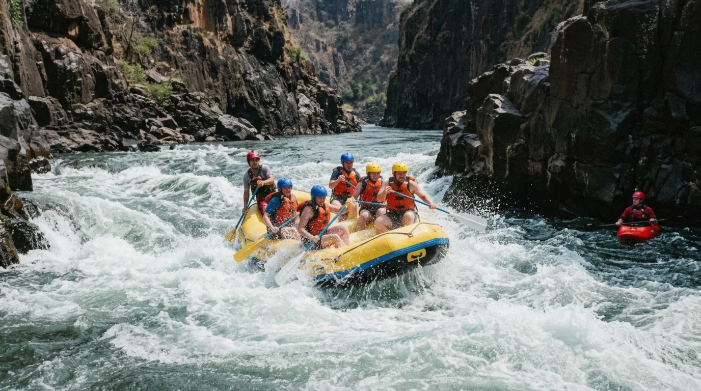 A raft in a Grade 5 rapid in the Batoka Gorge on Zambezi River tours below Victoria Falls