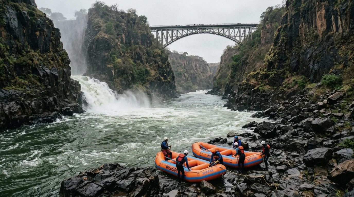 Rafts at the Boiling Pot below the Victoria Falls Bridge on Zambezi River tours