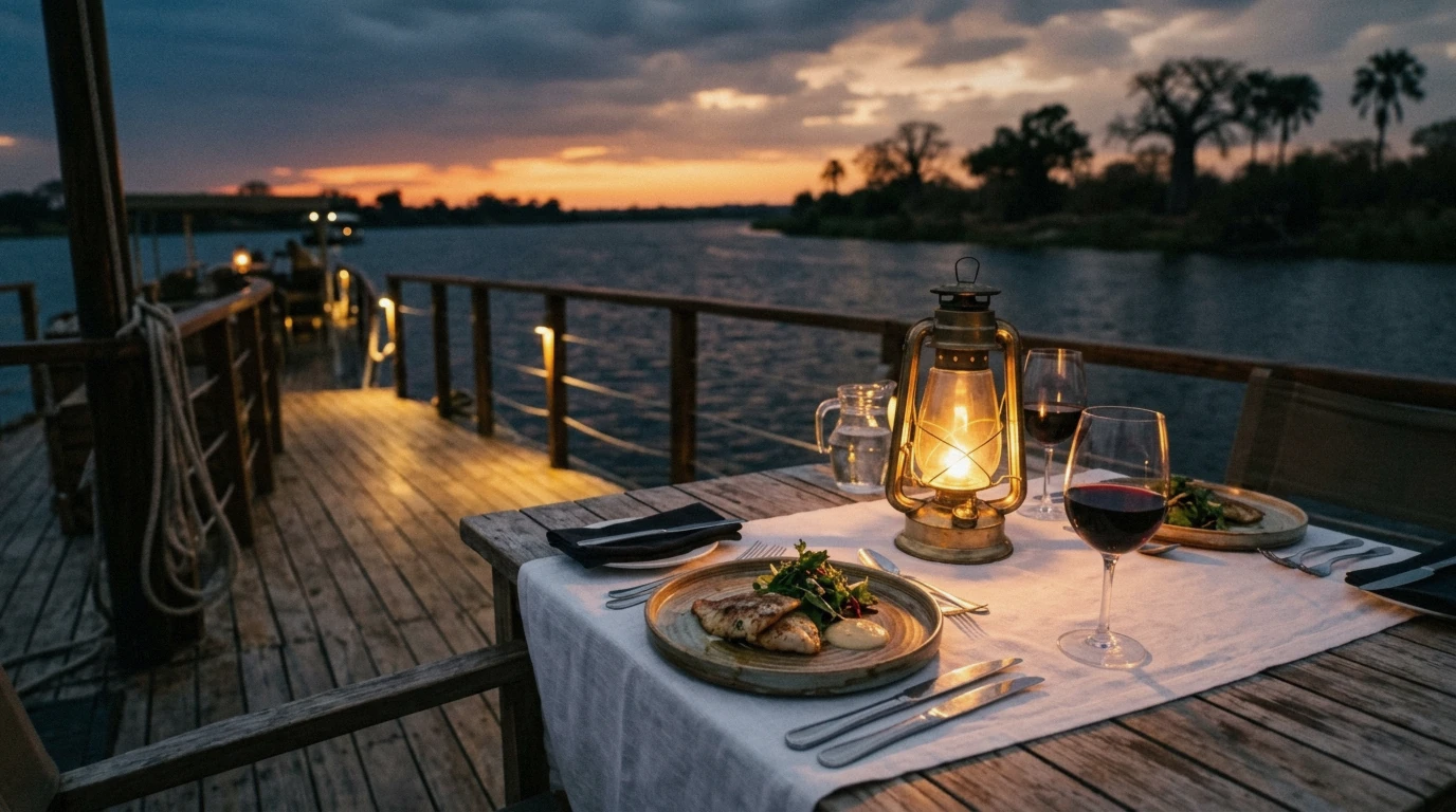 Dinner table on deck at dusk on one of the Zambezi River tours