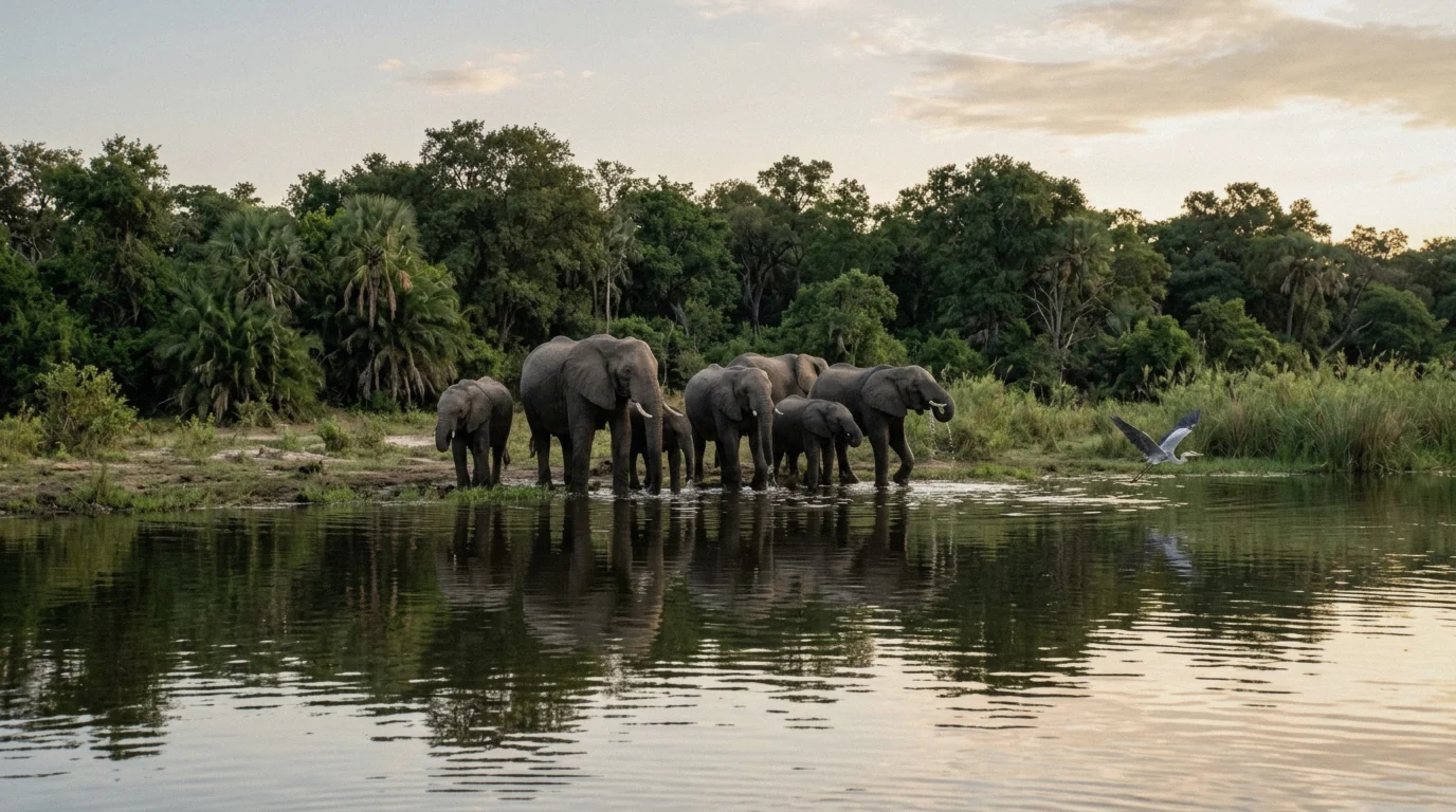 Elephants drinking at the riverbank, a common sight on Zambezi River tours at sunset