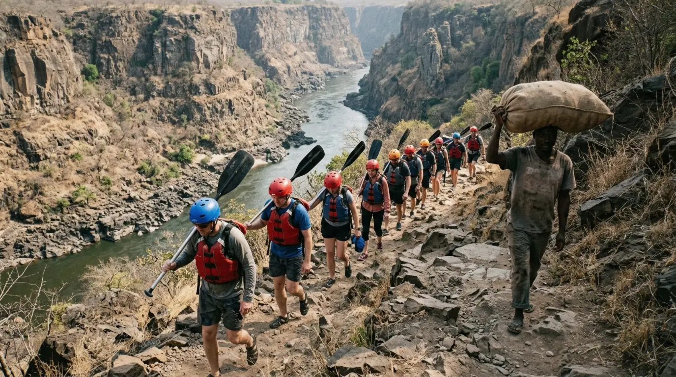 Rafters climbing out of the Batoka Gorge after Zambezi River tours on the rapids