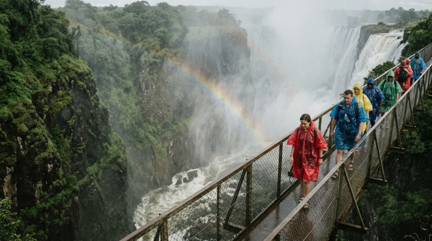Knife Edge Bridge in the spray on the Zambia side, paired with Zambezi River tours