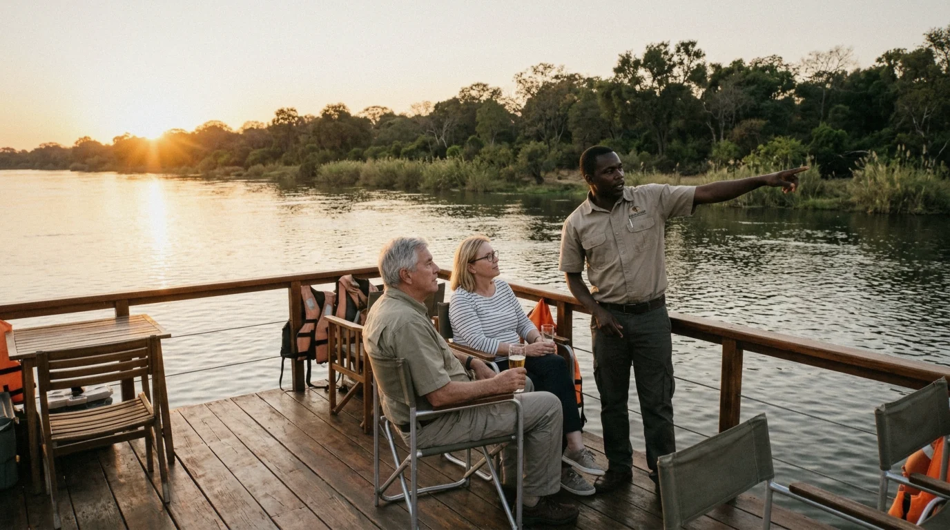 Guests on the deck of a boat at golden hour on Zambezi River tours from Victoria Falls