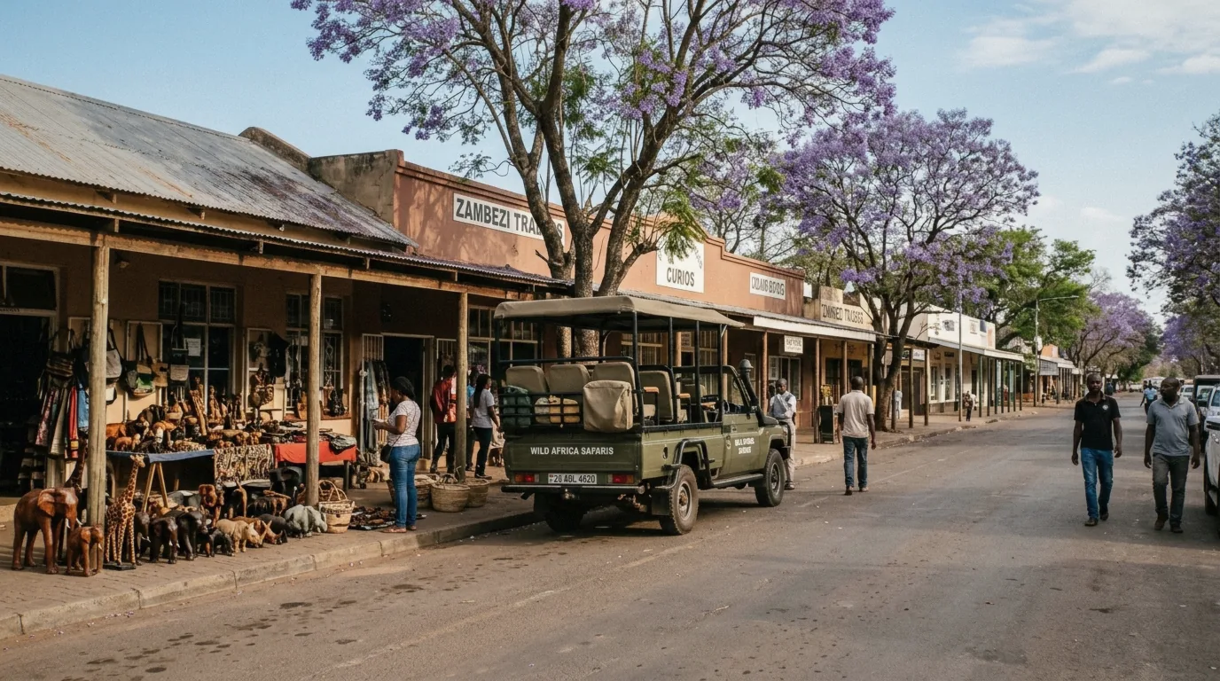 Street with craft stalls, one of the things to do in Victoria Falls town