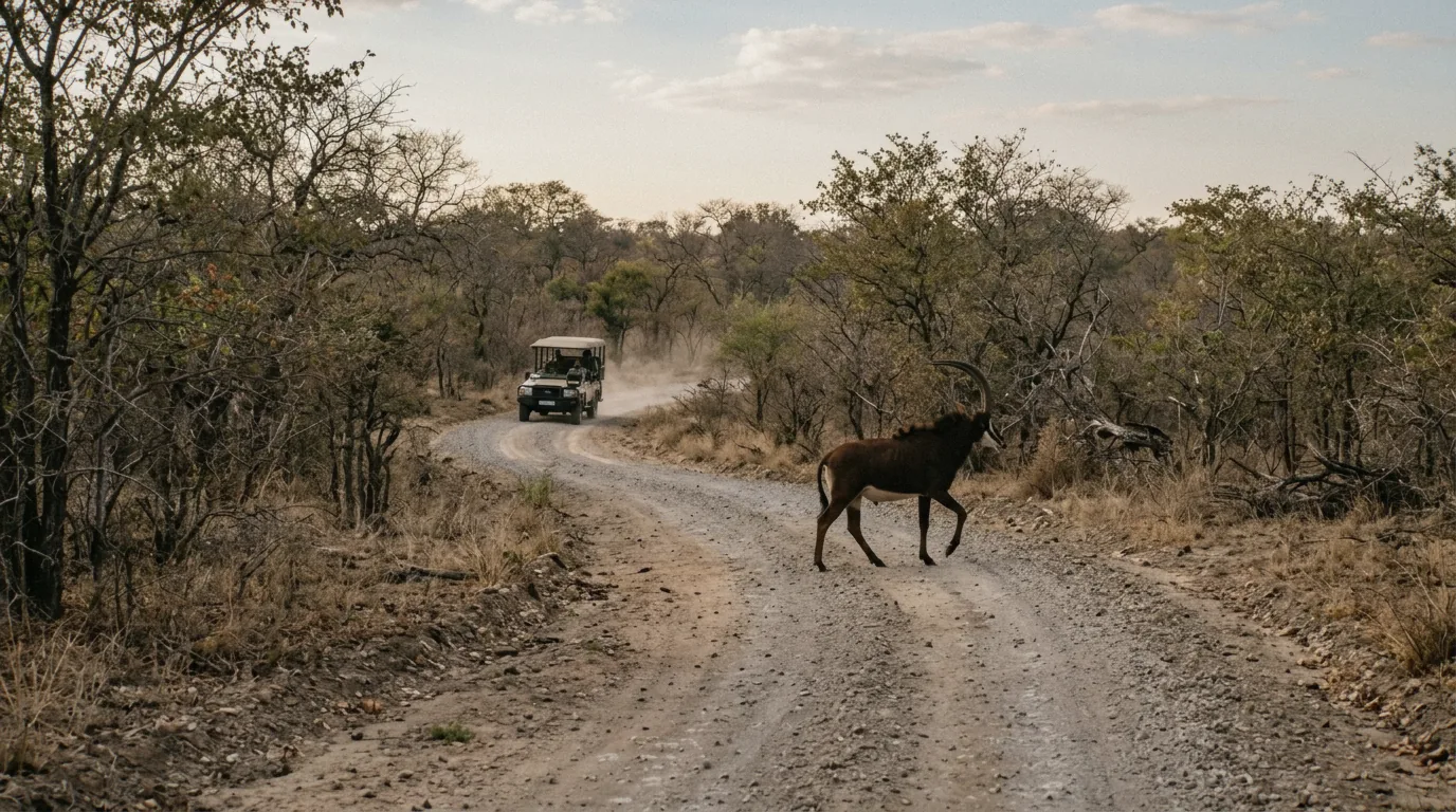 Game drive track through woodland in Zambezi National Park
